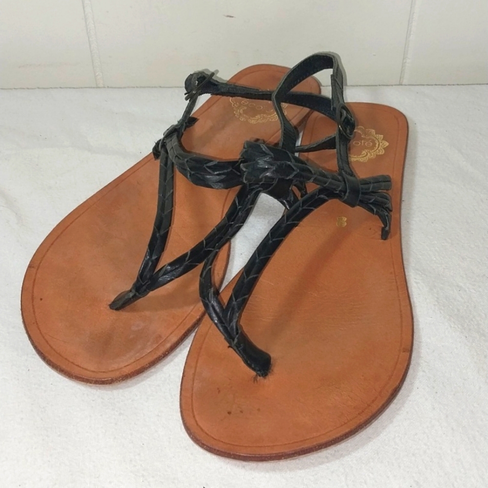 Ecote Braided Leather T Strap Flat Thong Sandal Black Women's sz 8